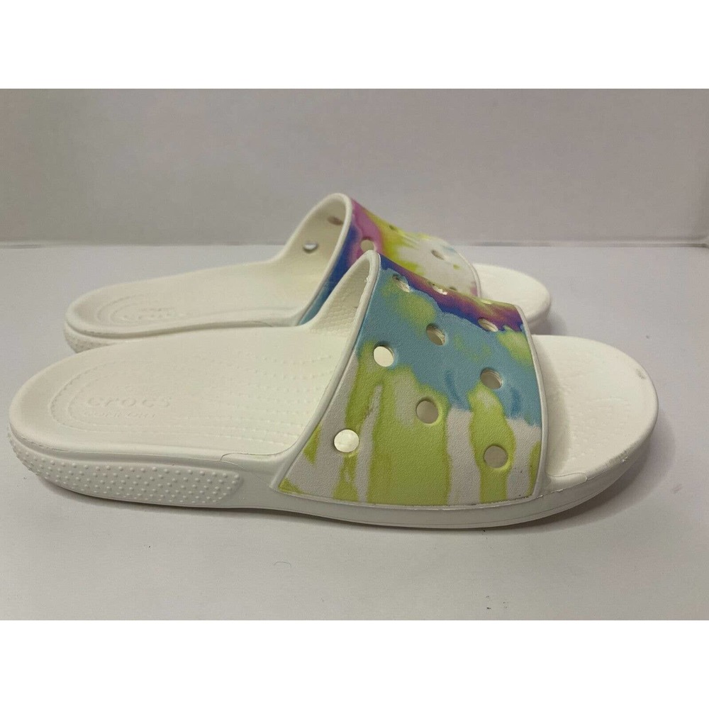 Crocs Iconic Comfort Slides Women's Sz 8 White Pastel Tie Dye Pink Yellow Blue - Picture 3 of 7
